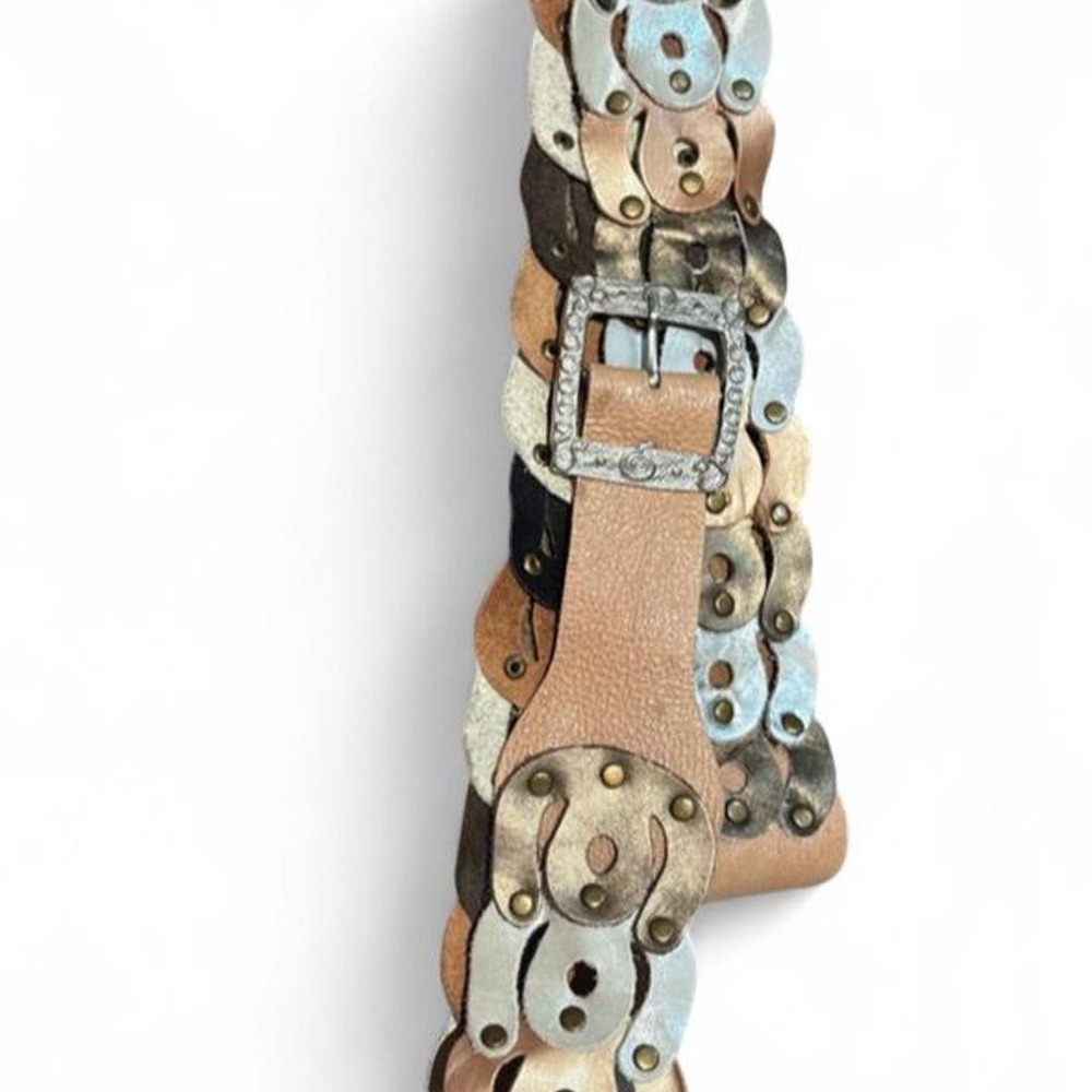 Vintage Y2K Wide Metallic Leather Link Belt Boho Rhinestone Buckle Mixed Metal